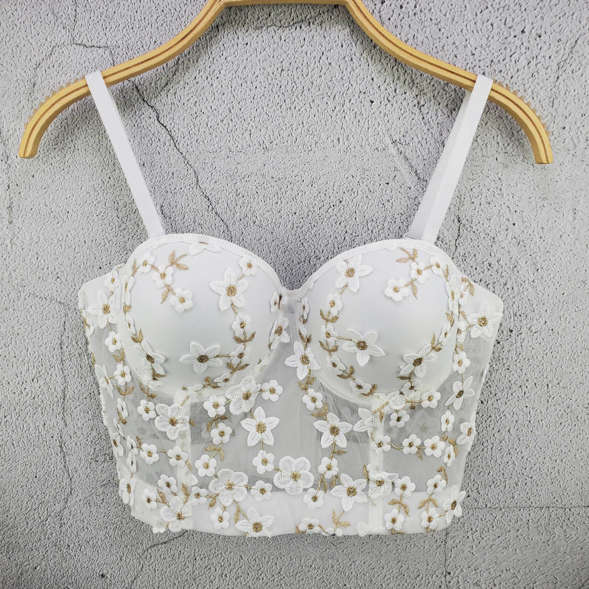 Весенне-летняя элегантная майка с золотой вышивкой, свежая и милая, облегающая мини-майка с топом-бюстгальтером на косточках, майки и топы 34/75 белый