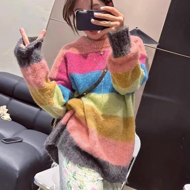 Ленивый стиль, женский свитер в радужную полоску, цветной блок, женский трикотаж, осень-зима, средней длины, свободный пуловер с длинными рукавами
Ленивый стиль, женский свитер в радужную полоску, цветной блок, женский трикотаж, осень-зима, средней длины, свободный пуловер с длинными рукавами