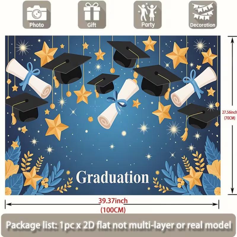 2D Graduation Photography Backdrop, Blue & Gold Star Mortarboard Background 47.2x31.5inch/120*80cm
2D Graduation Photography Backdrop, Blue & Gold Star Mortarboard Background 47.2x31.5inch/120*80cm