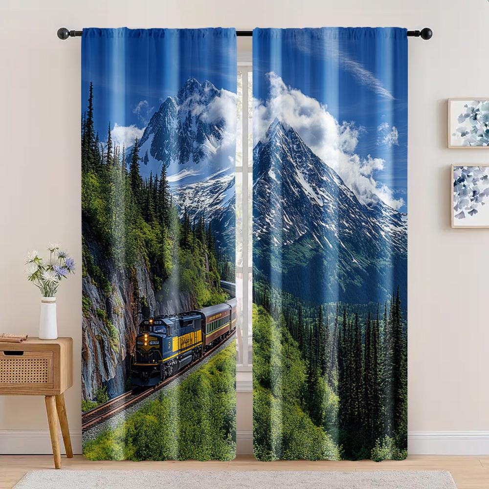 2 шт., Занавеска Голубое небо_ белые облака_ лес_ летний пейзаж на Аляске Прочная 100% полиэфирная ткань,Без электричества лето 29x65in(75x166cm)