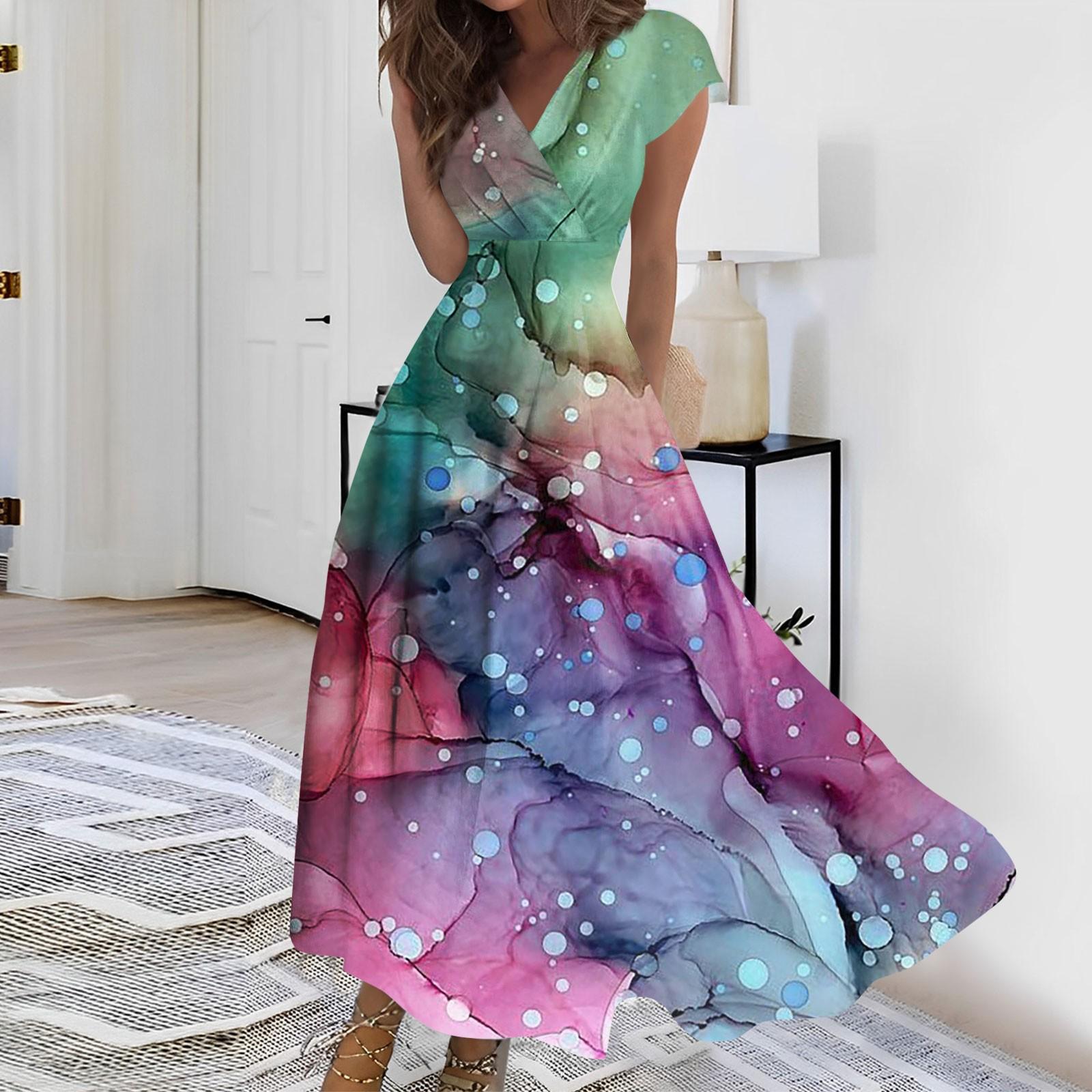 Жен. Длинное платье Платье макси Повседневное платье Шифоновые платья Свободное платье Сплошной цвет На каждый день Для взрослых На открытом воздухе Повседневные платья С рюшами С короткими рукавами Платье с v-образным вырезом XL циан