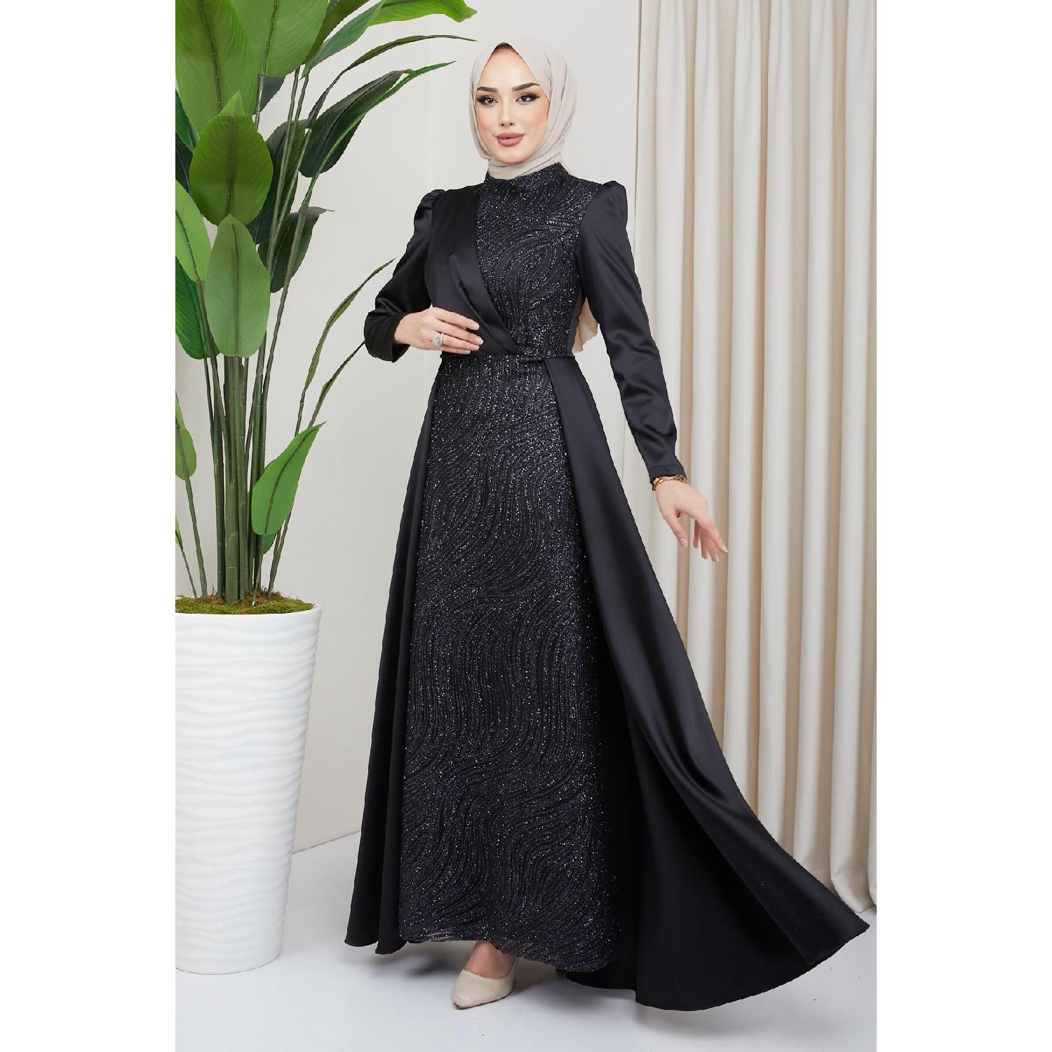 Satin Hijab Evening Dress With Sequin And Glitter Detail On The Front And Cape Skirt Black 1642 38 чорний
Satin Hijab Evening Dress With Sequin And Glitter Detail On The Front And Cape Skirt Black 1642 38 чорний