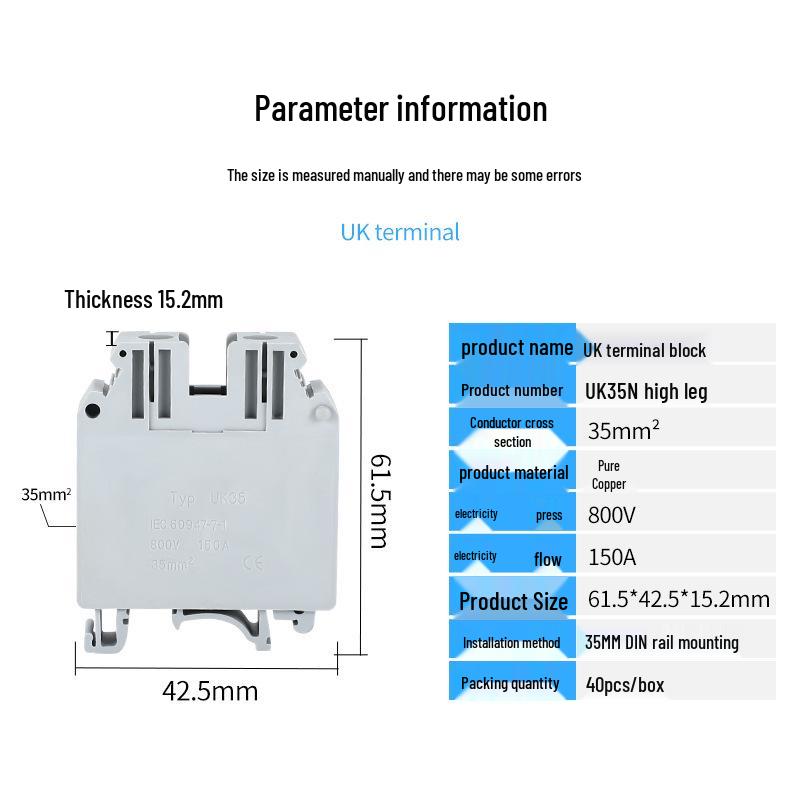 Chao Da UK35 High Leg 35mm Rail-Mounted Screw Voltage Terminal Block
Chao Da UK35 High Leg 35mm Rail-Mounted Screw Voltage Terminal Block