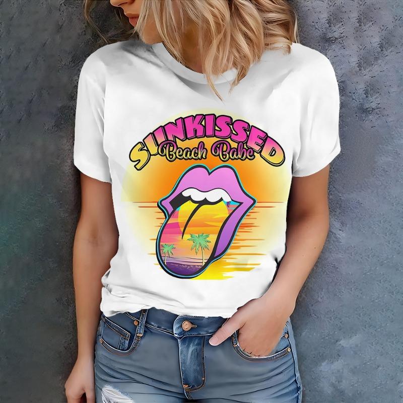 Women s white T-shirt with sunny beach baby lip art print casual summer style round neck short sleeved top S
Women s white T-shirt with sunny beach baby lip art print casual summer style round neck short sleeved top S