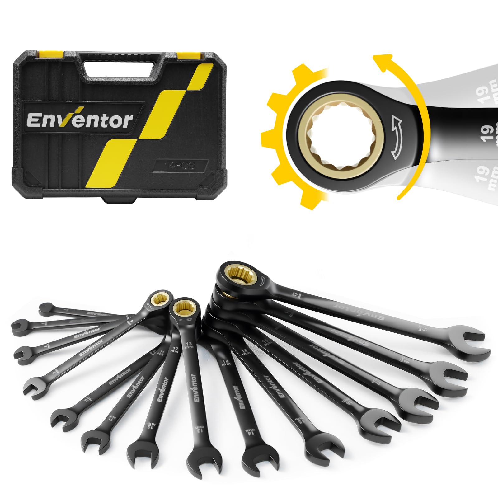 Enventor Flex Ratchet Wrench Set with Swivel Ratchet Dedicated and Storage Pouch 14-Piece Combination, Dual-Use Head, Pocket, (Black)
Enventor Flex Ratchet Wrench Set with Swivel Ratchet Dedicated and Storage Pouch 14-Piece Combination, Dual-Use Head, Pocket, (Black)