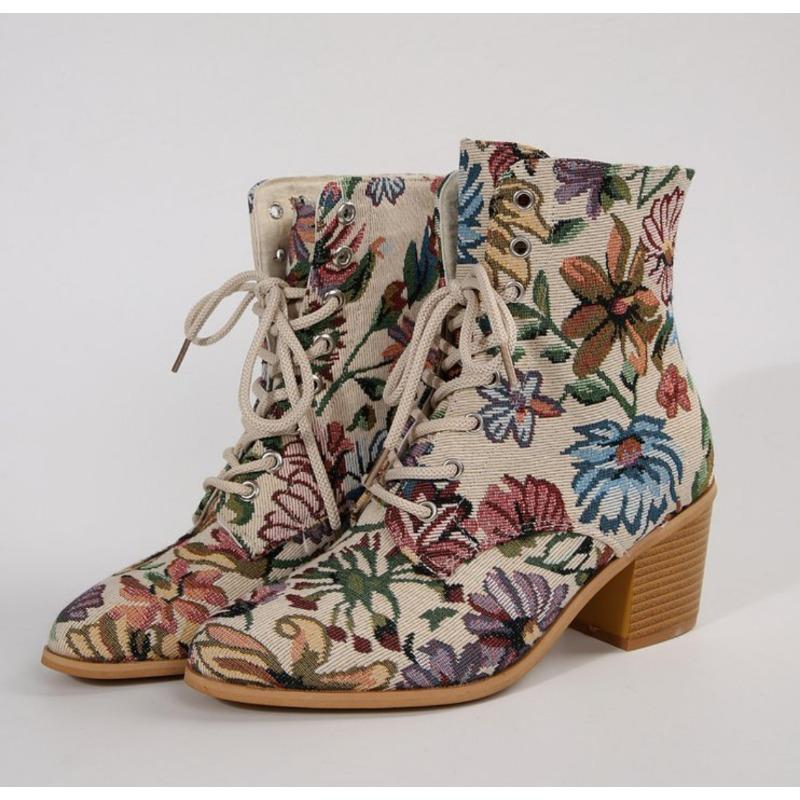 Ретро Вышитые Высококаблучные Ботильоны в Рыцарском Стиле, Женская Обувь, Толстый Каблук, Острый Носок, Ботинки на Шнуровке 43 бежевый