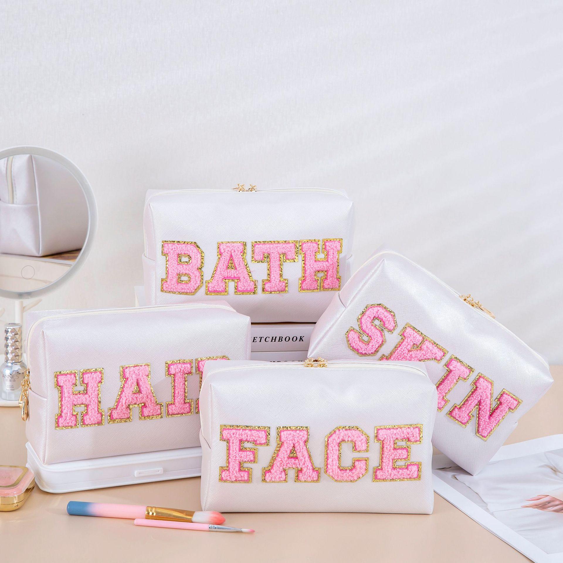 PU Waterproof Towel Embroidered Pink Lettering Ladies Travel Toiletry Storage Octagon Makeup Bag
PU Waterproof Towel Embroidered Pink Lettering Ladies Travel Toiletry Storage Octagon Makeup Bag