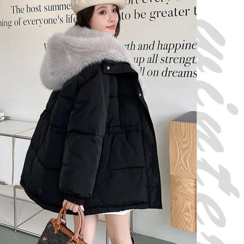 Съемный большой меховой воротник пуховая стеганая куртка женская новая зимняя стеганая куртка утолщает талию меховой пирог преодоление XXL чёрный