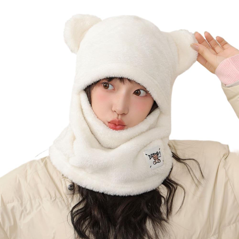 Комплект шапка-шарф в корейском стиле с мишкой, сохраняющий тепло, зимняя шапка-пуловер, милая шапка с защитой ушей, для велоспорта