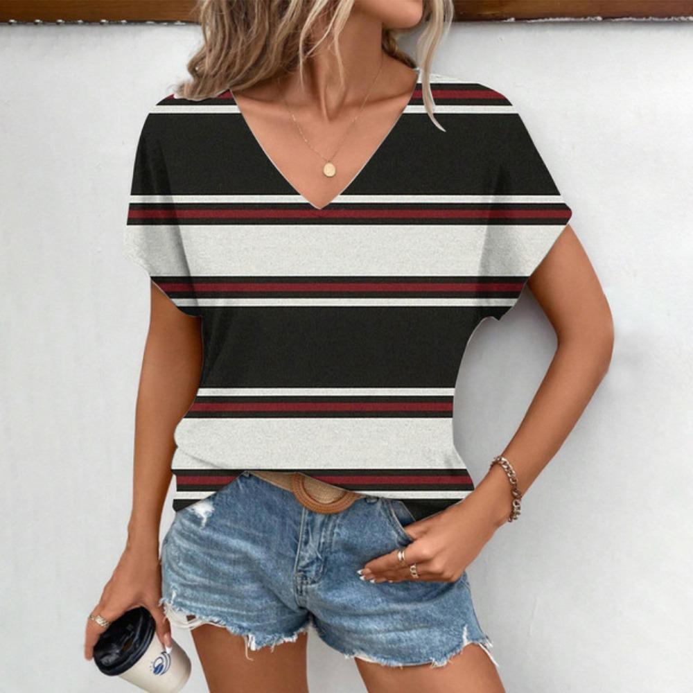 Модная полосатая печать 2024 года, летняя большая повседневная удобная футболка, яркий уличный женский топ с V-образным вырезом и короткими рукавами XL