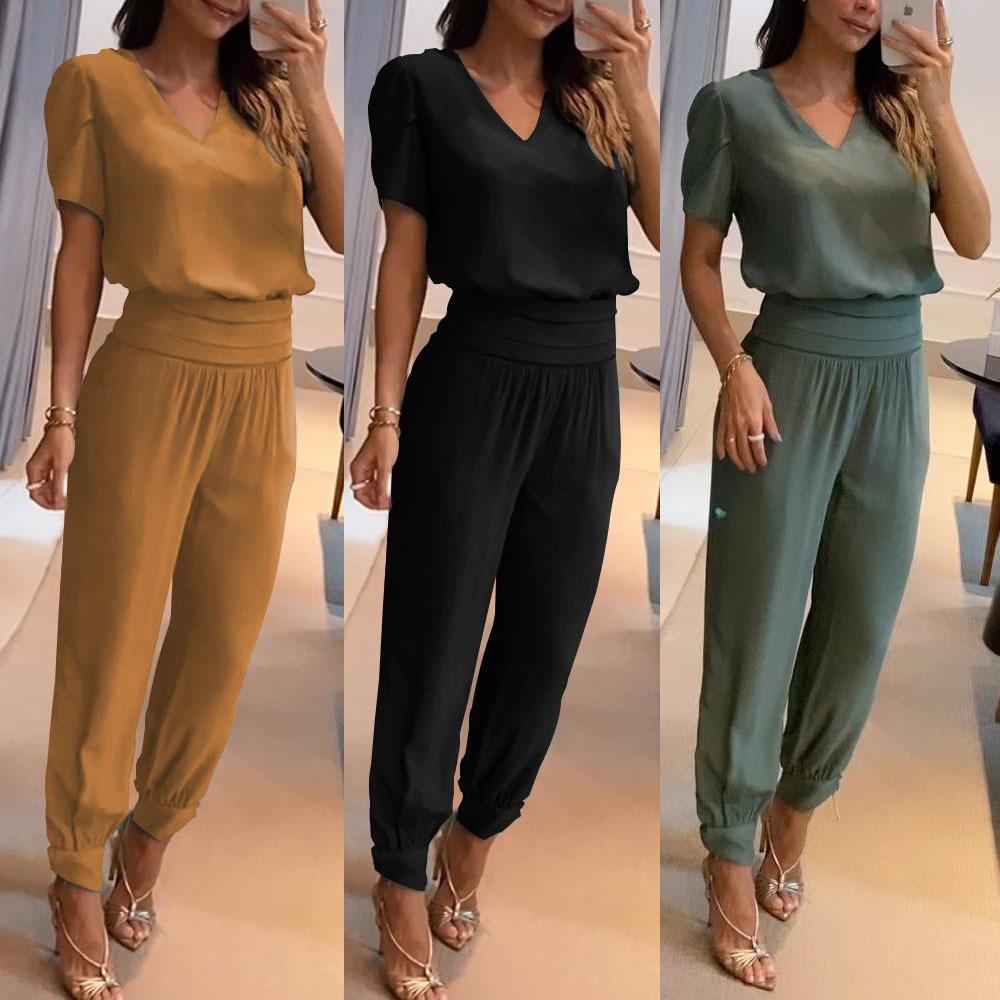 Women s Casual V-Neck Short Sleeve Jumpsuit with Elastic Waist, Tapered Legs in Camel/Black/Sage S
Women s Casual V-Neck Short Sleeve Jumpsuit with Elastic Waist, Tapered Legs in Camel/Black/Sage S