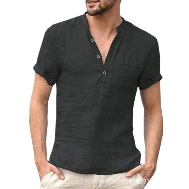 Men s solid color stand-up collar half-cardigan thin short-sleeved shirt tops for men S чорний
Men s solid color stand-up collar half-cardigan thin short-sleeved shirt tops for men S чорний