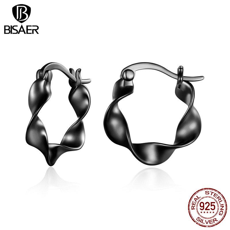 BISAER стерлингового серебра 925 пробы глянцевые витые серьги-гвоздики для женщин прекрасный подарок на день рождения для девочек праздничные вечерние украшения чёрный