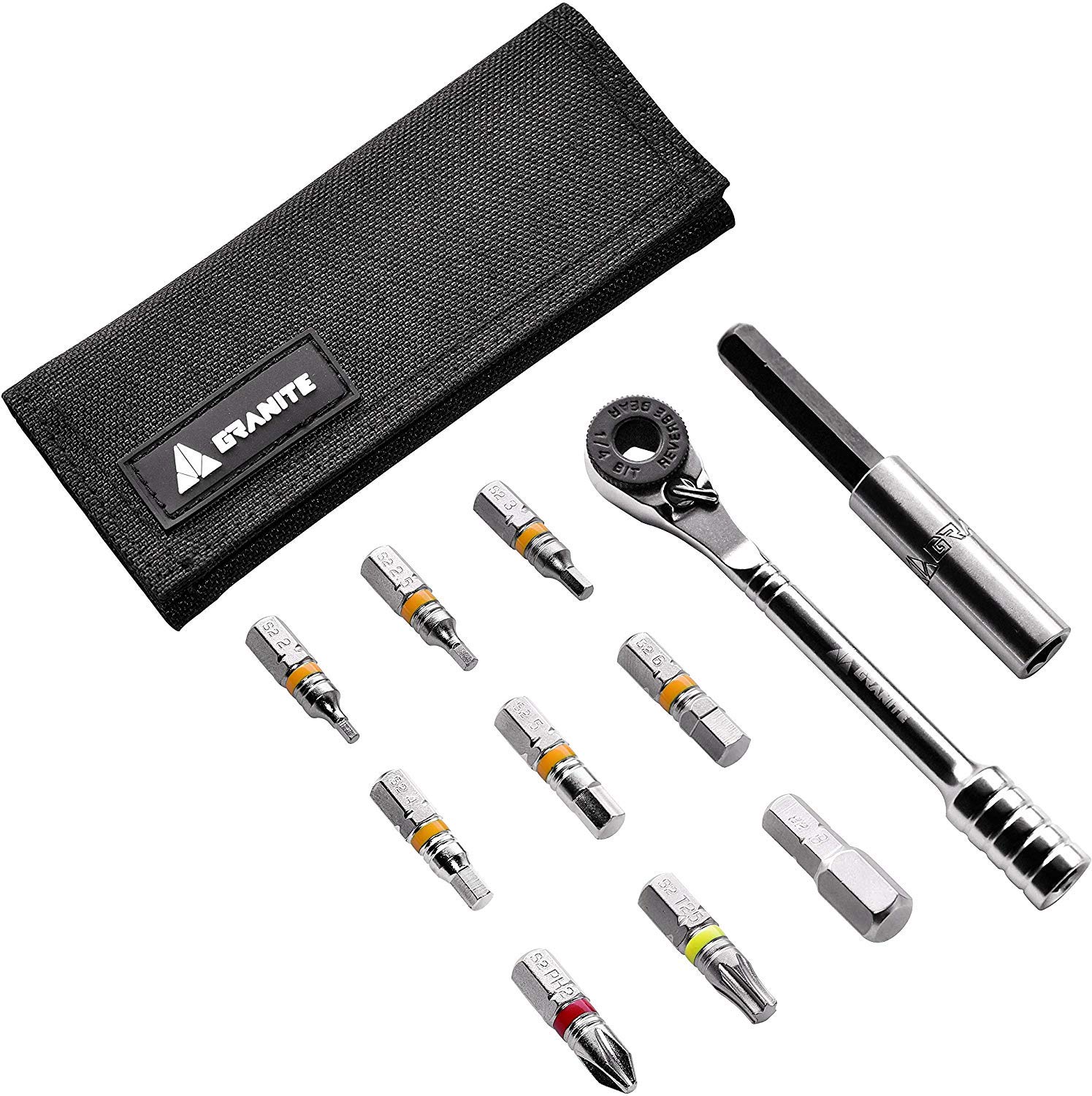Granite Rocknroll Rocknroll Mini Ratchet Wrench Tool Set 9 Tool Extension Kit для шоссейных и горных велосипедов - Bits, Rod, Multi-Tool (черный)
Granite Rocknroll Rocknroll Mini Ratchet Wrench Tool Set 9 Tool Extension Kit для шоссейных и горных велосипедов - Bits, Rod, Multi-Tool (черный)
