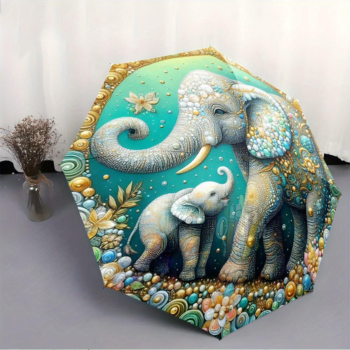 Automatic Folding Umbrella Colorful elephants with floral accents. Portable collapsible design, casual outdoor accessory, for
Automatic Folding Umbrella Colorful elephants with floral accents. Portable collapsible design, casual outdoor accessory, for