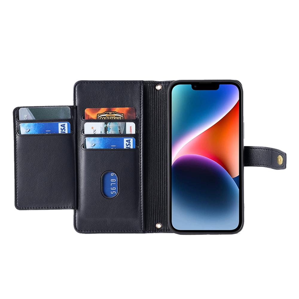 For iPhone 14 Zipper Pocket Shockproof PU Leather Stand Case Card Slots Flip Phone Cover with Wrist Strap and Shoulder Strap Purple
For iPhone 14 Zipper Pocket Shockproof PU Leather Stand Case Card Slots Flip Phone Cover with Wrist Strap and Shoulder Strap Purple