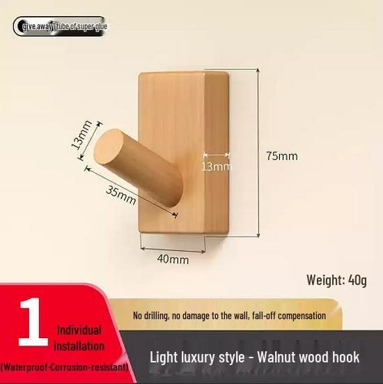 Walnut No-Drill Solid Wood Wall Hook for Coats & Hats
Walnut No-Drill Solid Wood Wall Hook for Coats & Hats