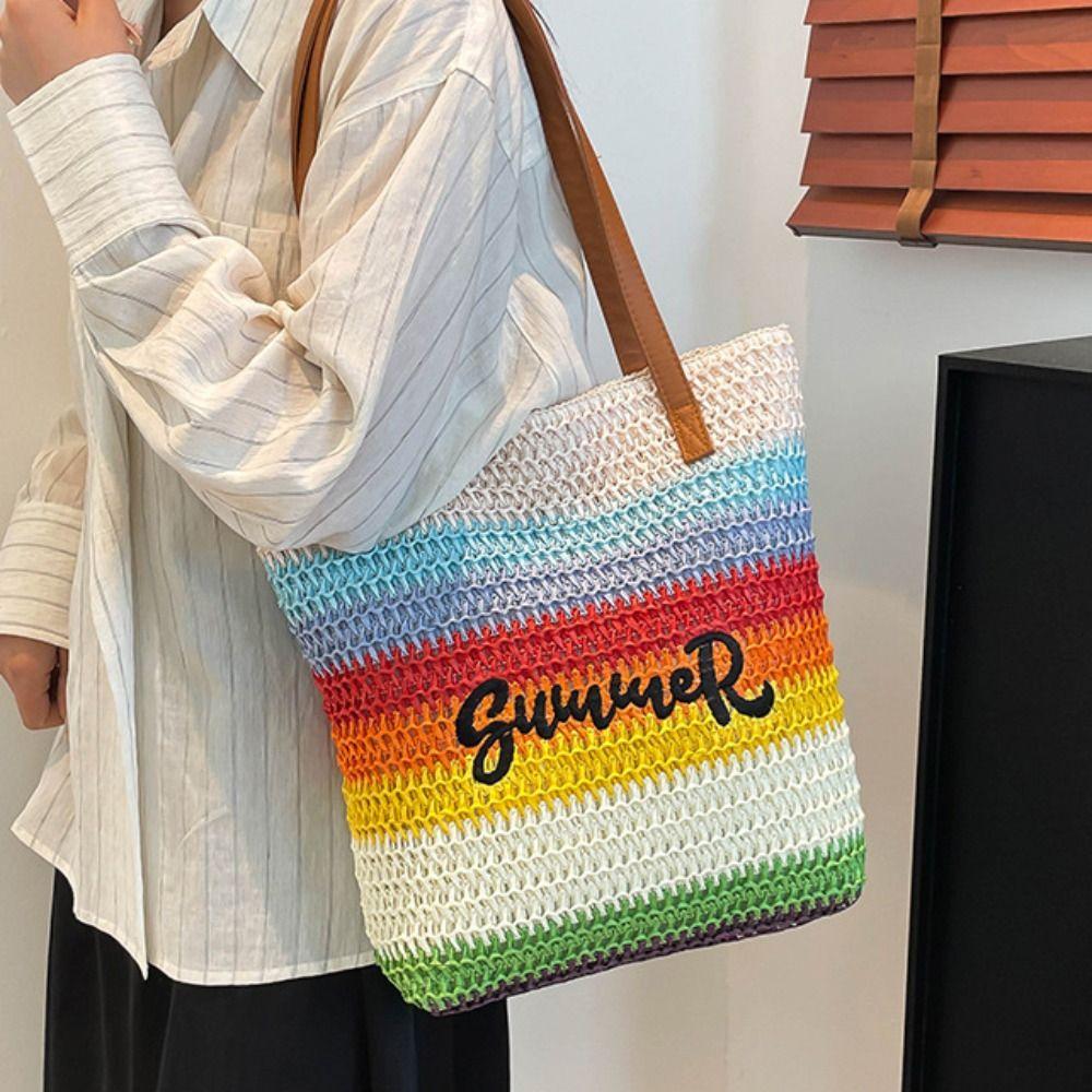 Beach Handbag Rainbow Beach Bag Bohemian Style Knitted Tote Bag Simple Strip Woven Bag Girls Style3
Beach Handbag Rainbow Beach Bag Bohemian Style Knitted Tote Bag Simple Strip Woven Bag Girls Style3