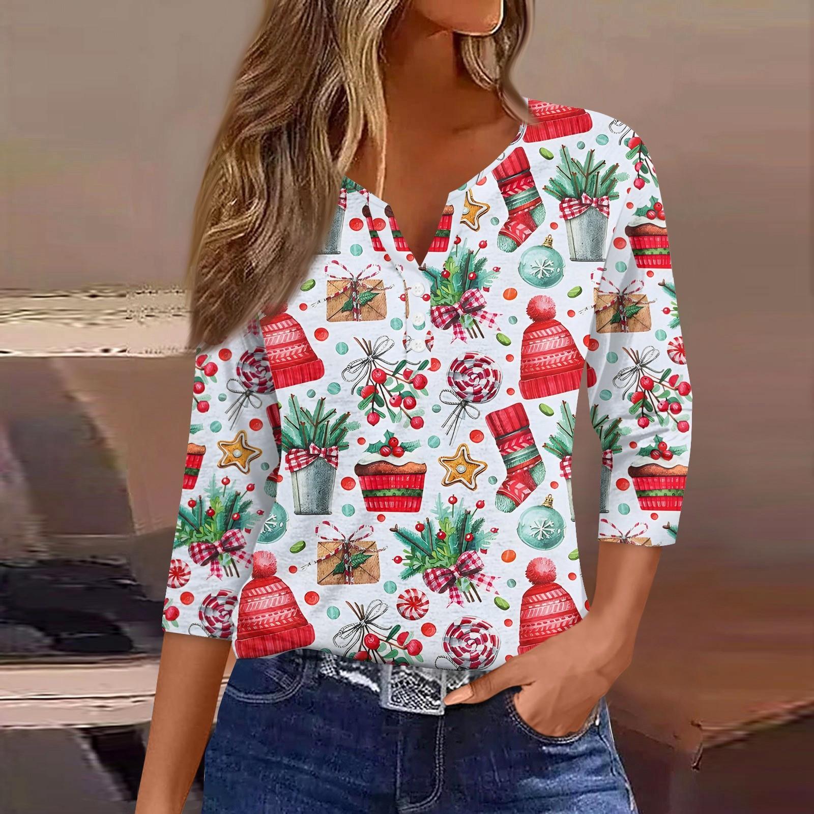 Женская модная повседневная футболка с пуговицами, V-образным вырезом, семью рукавами и рождественским принтом M
Женская модная повседневная футболка с пуговицами, V-образным вырезом, семью рукавами и рождественским принтом M