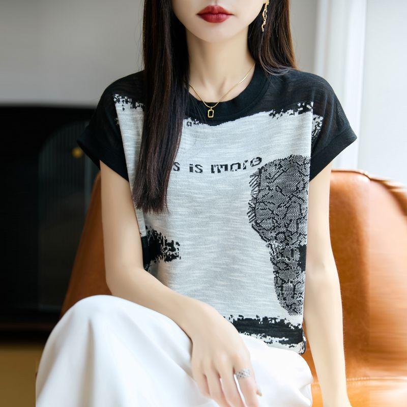 Artistic Design Letter Print Bamboo Linen Small Flying Sleeve Women Toner Ice Silk Color Matching Loose round Neck Knit t-shirt Black L
Artistic Design Letter Print Bamboo Linen Small Flying Sleeve Women Toner Ice Silk Color Matching Loose round Neck Knit t-shirt Black L
