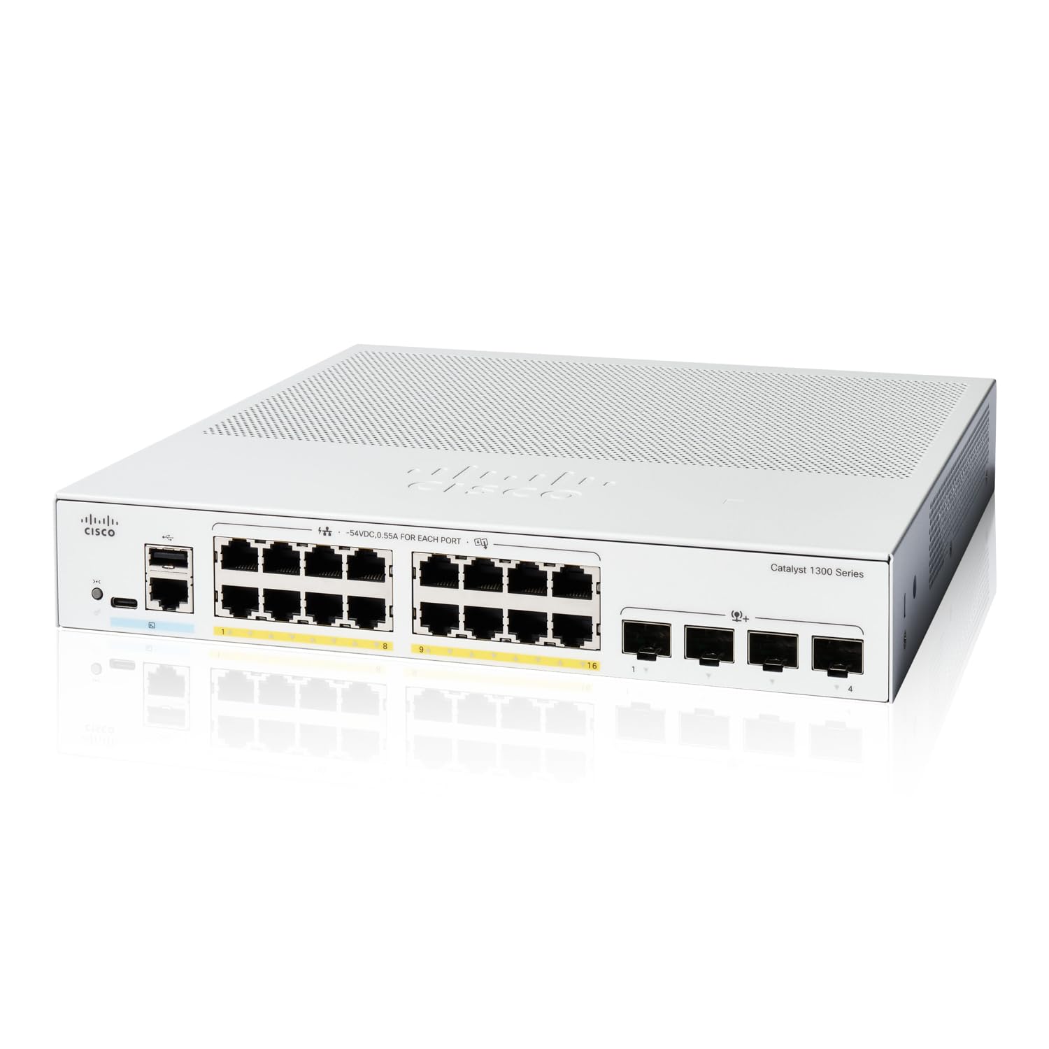 Керований комутатор Cisco Catalyst 16 портів GE PoE 4x10GE у металевому корпусі, тихий, безвентиляторний, для бізнесу 1300-16P-4X SFP+ (C1300-16P-4X) білий
Керований комутатор Cisco Catalyst 16 портів GE PoE 4x10GE у металевому корпусі, тихий, безвентиляторний, для бізнесу 1300-16P-4X SFP+ (C1300-16P-4X) білий
