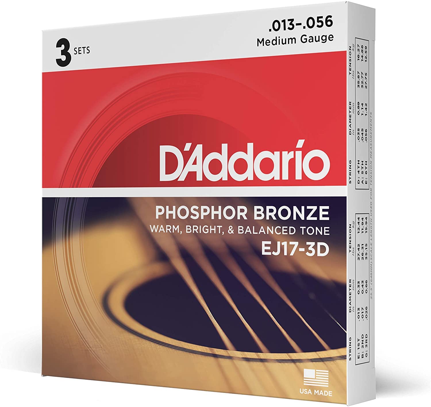 Phosphor Bronze Acoustic Guitar D Addario Strings, Medium, .013-.056, EJ17-3D, 3-Pack
Phosphor Bronze Acoustic Guitar D Addario Strings, Medium, .013-.056, EJ17-3D, 3-Pack