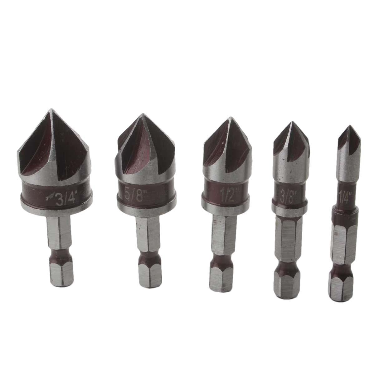 Набір свердел HSS з 5 канавками для зенкування 1/4 дюйма з шестигранним хвостовиком, конусністю 82 градуси, для деревини та металу, для зняття задирок, для зняття фасок, для обрізання
Набір свердел HSS з 5 канавками для зенкування 1/4 дюйма з шестигранним хвостовиком, конусністю 82 градуси, для деревини та металу, для зняття задирок, для зняття фасок, для обрізання