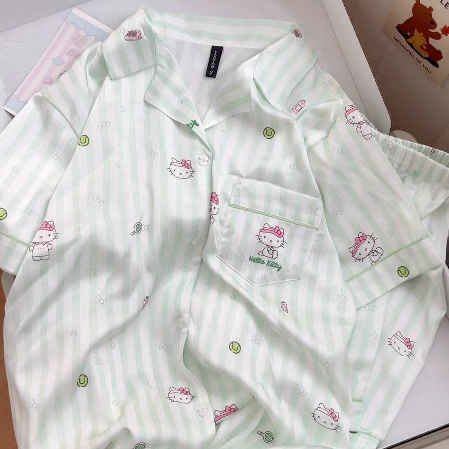 Green small fresh striped cat pajamas women s summer short-sleeved shorts cardigan set cute princess style loungewear S
Green small fresh striped cat pajamas women s summer short-sleeved shorts cardigan set cute princess style loungewear S
