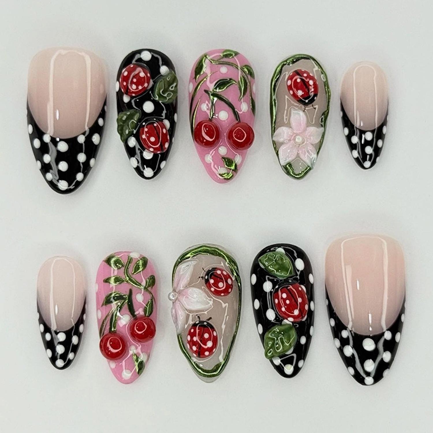 Set of 24 Black French Nails Adorned with White Polka Dots, Featuring Charming Ladybug Tips And 3D See-Through Flowers, Perfect for Ladies Ladybug polka dot minimalist design
Set of 24 Black French Nails Adorned with White Polka Dots, Featuring Charming Ladybug Tips And 3D See-Through Flowers, Perfect for Ladies Ladybug polka dot minimalist design