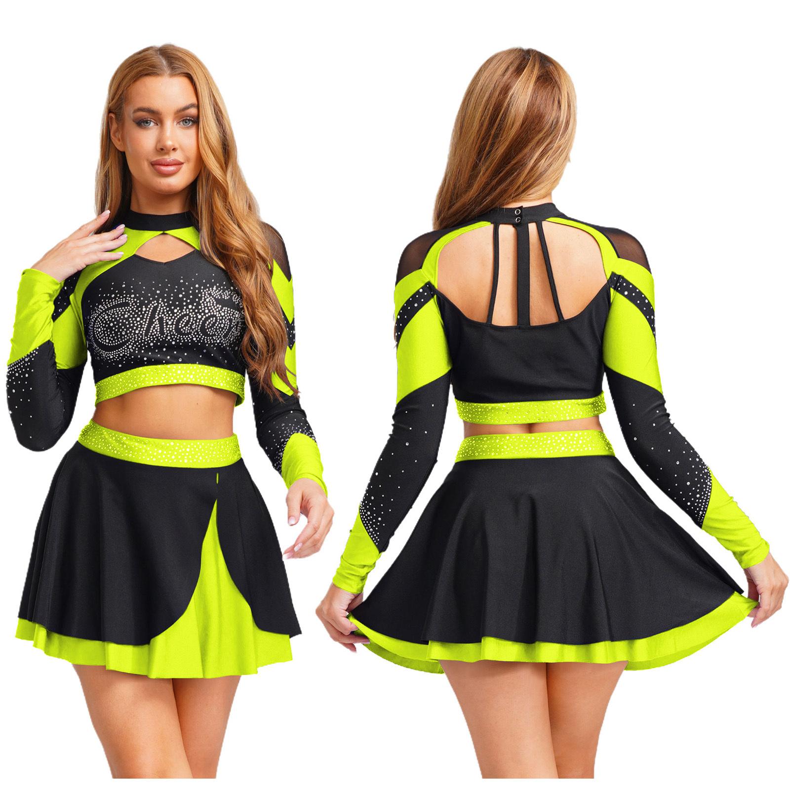 Complete Cheerleading & Party Outfit for Women S-XXL: Glittering Rhinestone 2Pcs Set with Long Sleeve Top & Short Skirt S флуоресцентний жовтий колір
Complete Cheerleading & Party Outfit for Women S-XXL: Glittering Rhinestone 2Pcs Set with Long Sleeve Top & Short Skirt S флуоресцентний жовтий колір