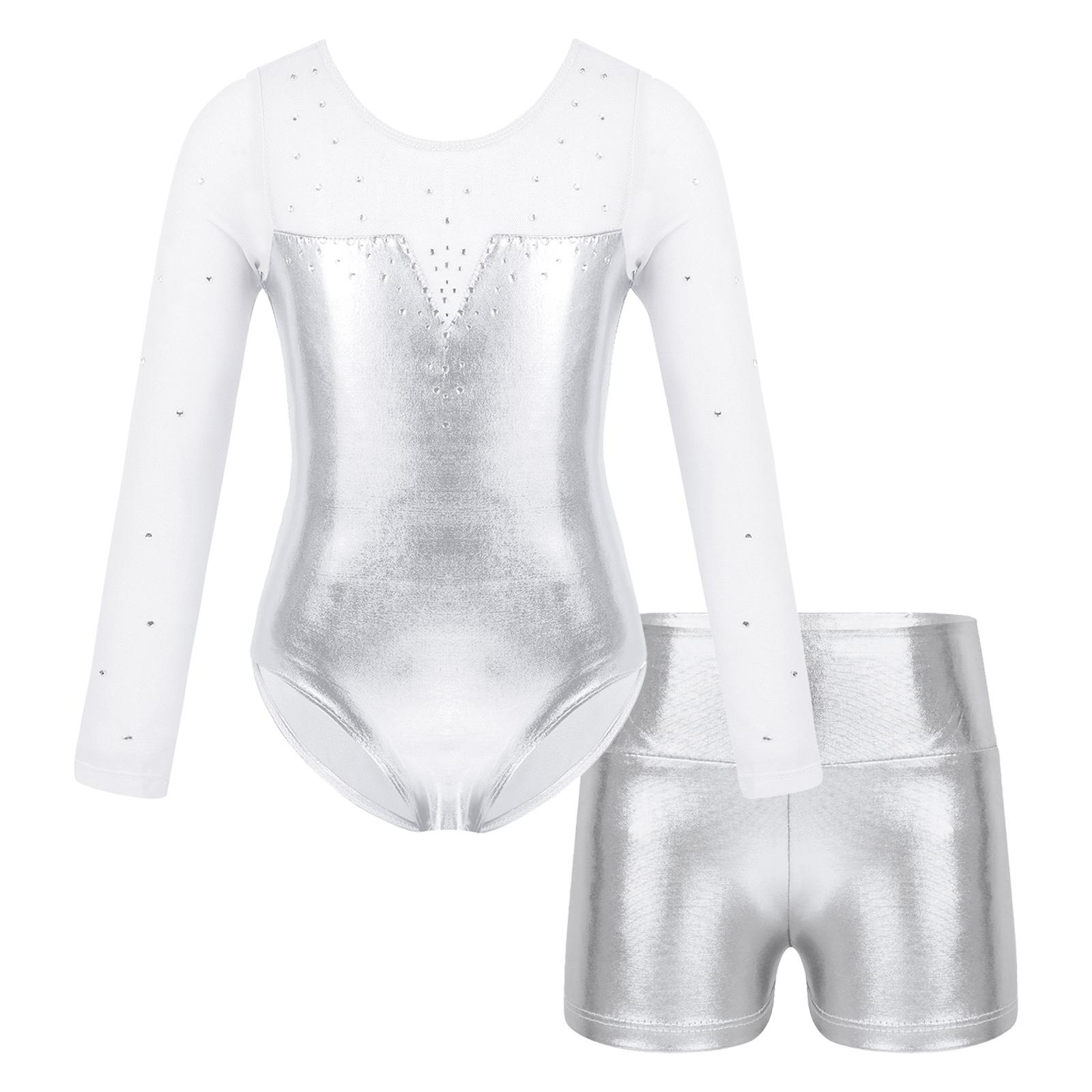 Girls Metallic Leotard Long Sleeve Rhinestone Patchwork Design High Waist Shorts Performance Set 11-12 Years срібний
Girls Metallic Leotard Long Sleeve Rhinestone Patchwork Design High Waist Shorts Performance Set 11-12 Years срібний