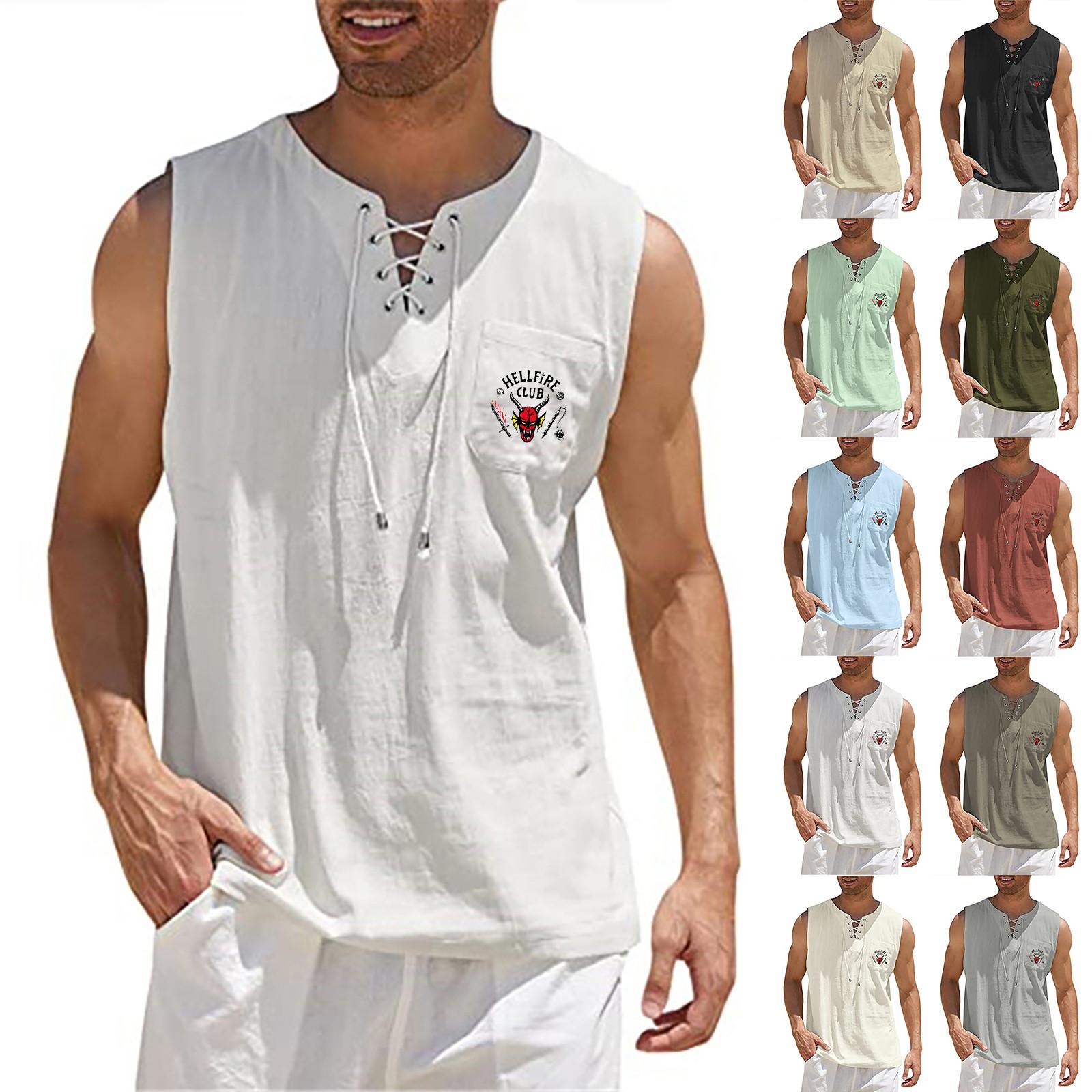 Мужская летняя хлопковая льняная футболка без рукавов с v-образным вырезом и завязками
Мужская летняя хлопковая льняная футболка без рукавов с v-образным вырезом и завязками