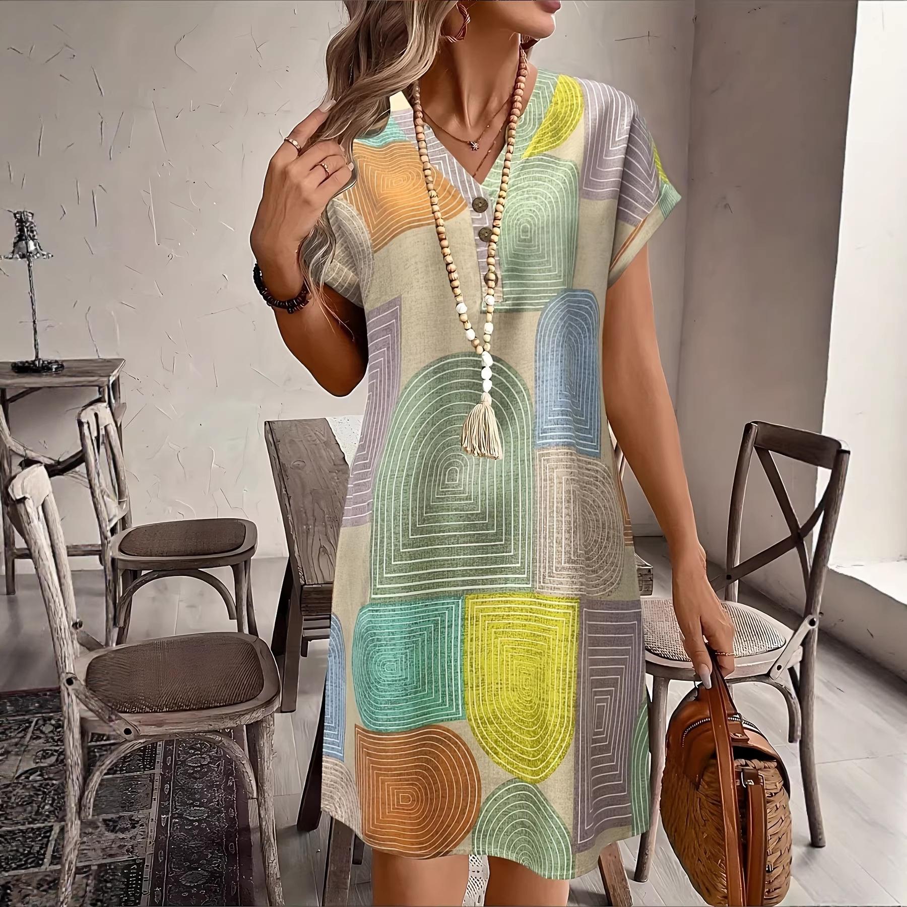 Women s Retro Geometric Color Block Print V Neck Button Cap Sleeve Loose Tunic Midi Dress Casual Sundress S
Women s Retro Geometric Color Block Print V Neck Button Cap Sleeve Loose Tunic Midi Dress Casual Sundress S