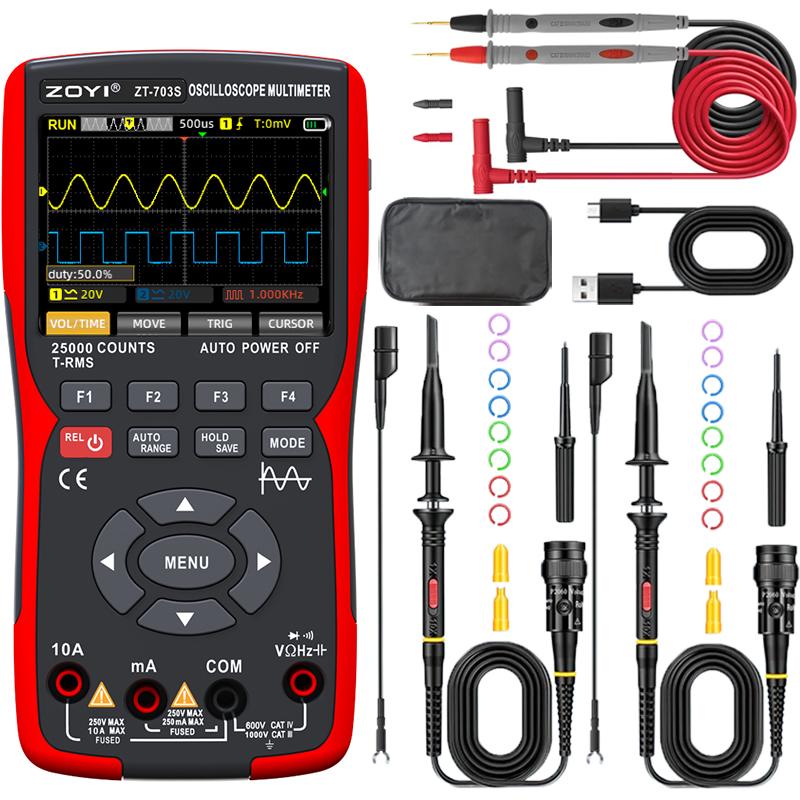 ZT-703S 3 in 1 Handheld Oscilloscope Automotive Dual Channel 50MHz with Digital Multimeter and Signal Generator Tester
ZT-703S 3 in 1 Handheld Oscilloscope Automotive Dual Channel 50MHz with Digital Multimeter and Signal Generator Tester
