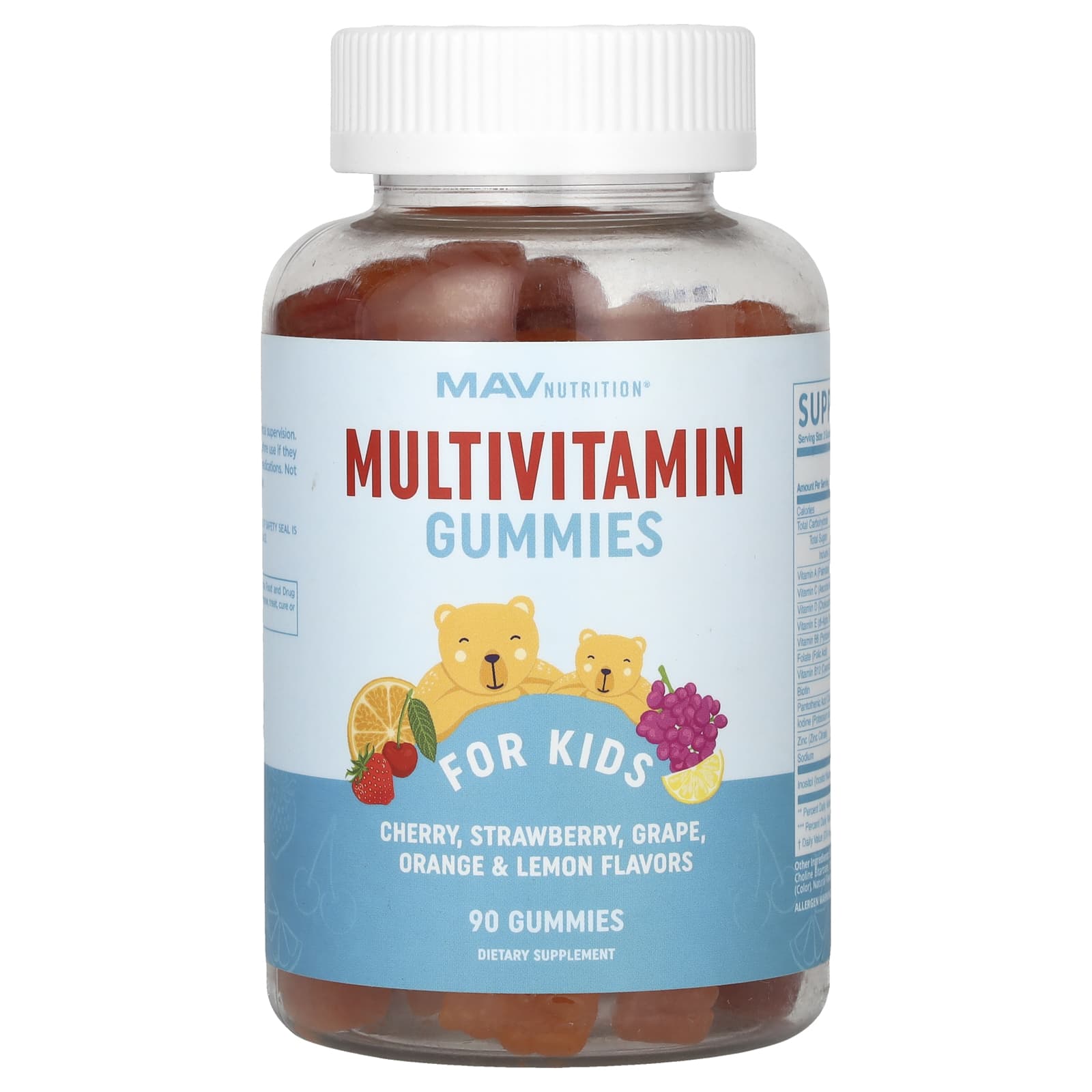 MAV Nutrition, мультивітамінні жувальні цукерки, дитячі, вишня, полуниця, виноград, апельсин та лимон, 90 жувальних цукерок
MAV Nutrition, мультивітамінні жувальні цукерки, дитячі, вишня, полуниця, виноград, апельсин та лимон, 90 жувальних цукерок