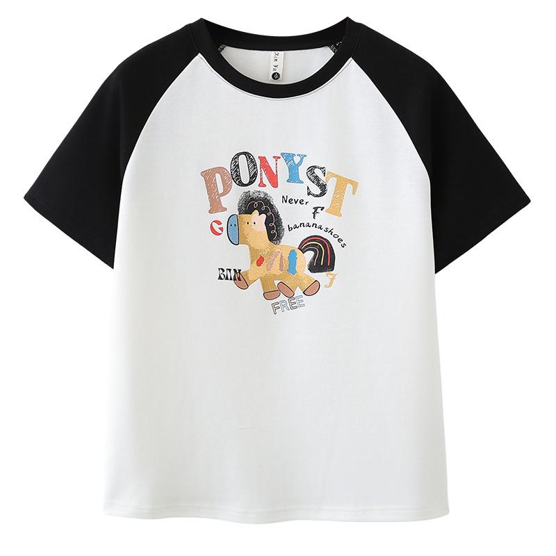 Women s summer T-shirt, color-blocked cartoon print, round neck, short sleeves, stylish loose top. XXS
Women s summer T-shirt, color-blocked cartoon print, round neck, short sleeves, stylish loose top. XXS