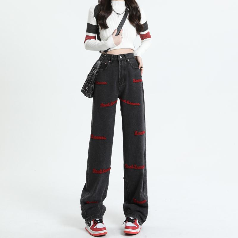 Женские прямые джинсы с высокой талией Y2K, уличная одежда, осенние корейские брюки Dongdaemun 2023, мешковатые винтажные синие джинсовые брюки, женские M чёрный