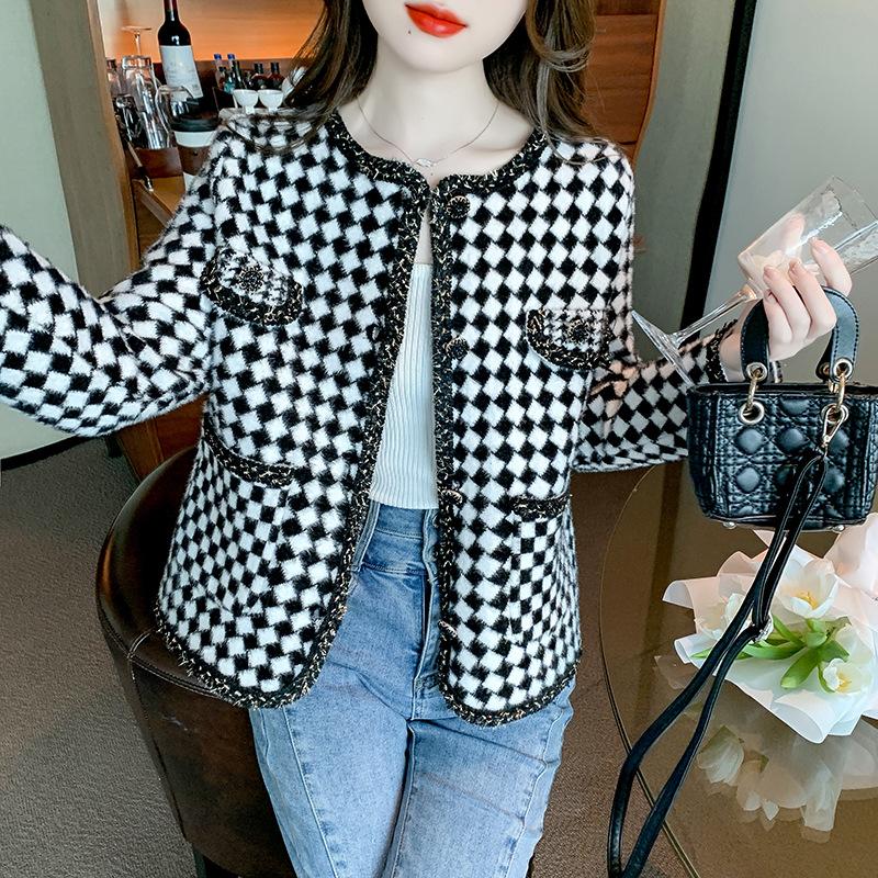 Клетчатое осеннее пальто в стиле знаменитостей с ароматом для женщин, короткое маленькое универсальное роскошное и элегантное стильное пальто «Тысяча птиц» красного цвета XXL