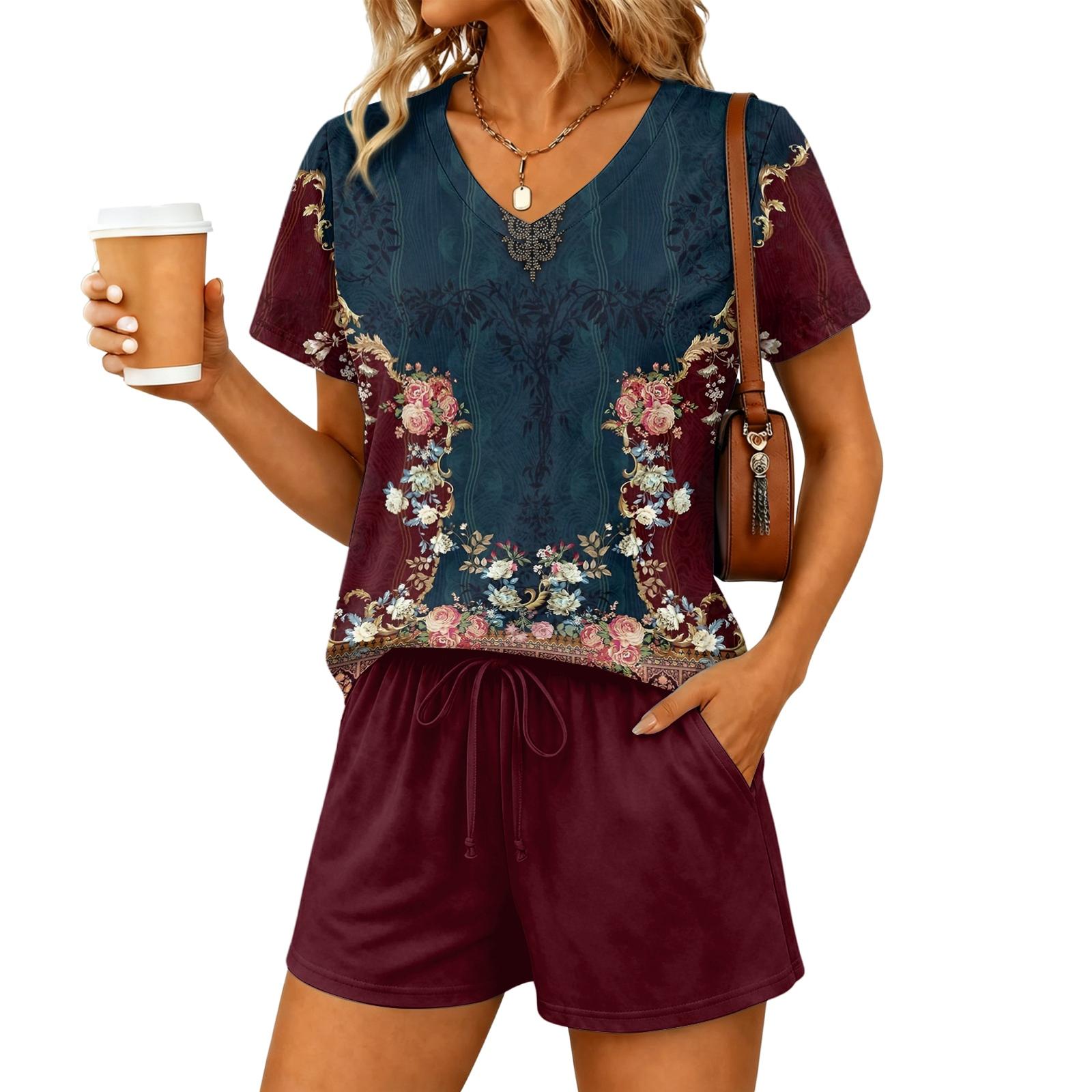 Women s Casual Two Piece Set V Neck Short Sleeve Floral Print Top with Elastic Waist Drawstring Shorts Lounge Wear XXXL червоний
Women s Casual Two Piece Set V Neck Short Sleeve Floral Print Top with Elastic Waist Drawstring Shorts Lounge Wear XXXL червоний