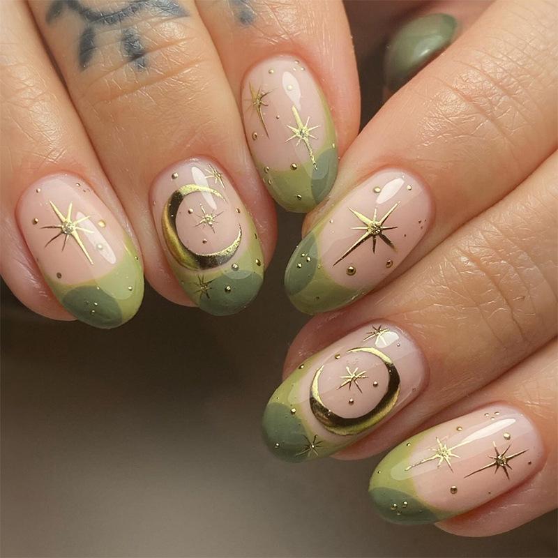 French Gold-Edged Starburst Green Oval Press-On Nails for Women - Nail Art Tips to Brighten Hands
French Gold-Edged Starburst Green Oval Press-On Nails for Women - Nail Art Tips to Brighten Hands