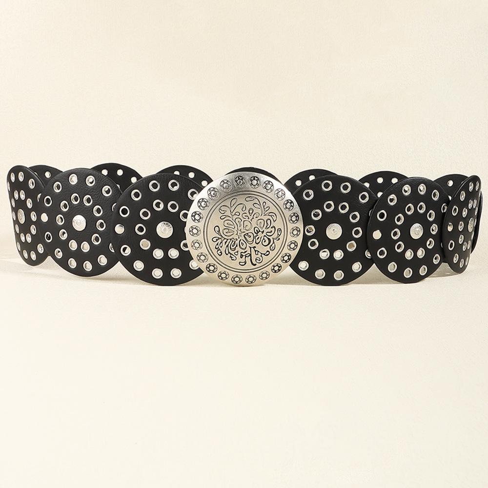 Vintage Western Style Wide Leather Belt with Hollow Metal Disc Decoration 100cm
Vintage Western Style Wide Leather Belt with Hollow Metal Disc Decoration 100cm