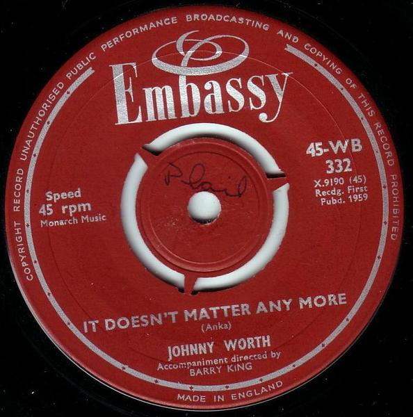 7inch Record JOHNNY WORTH It Doesnt Matter Any More 45WB332 Embassy 1959 UK Pop Used
7inch Record JOHNNY WORTH It Doesnt Matter Any More 45WB332 Embassy 1959 UK Pop Used