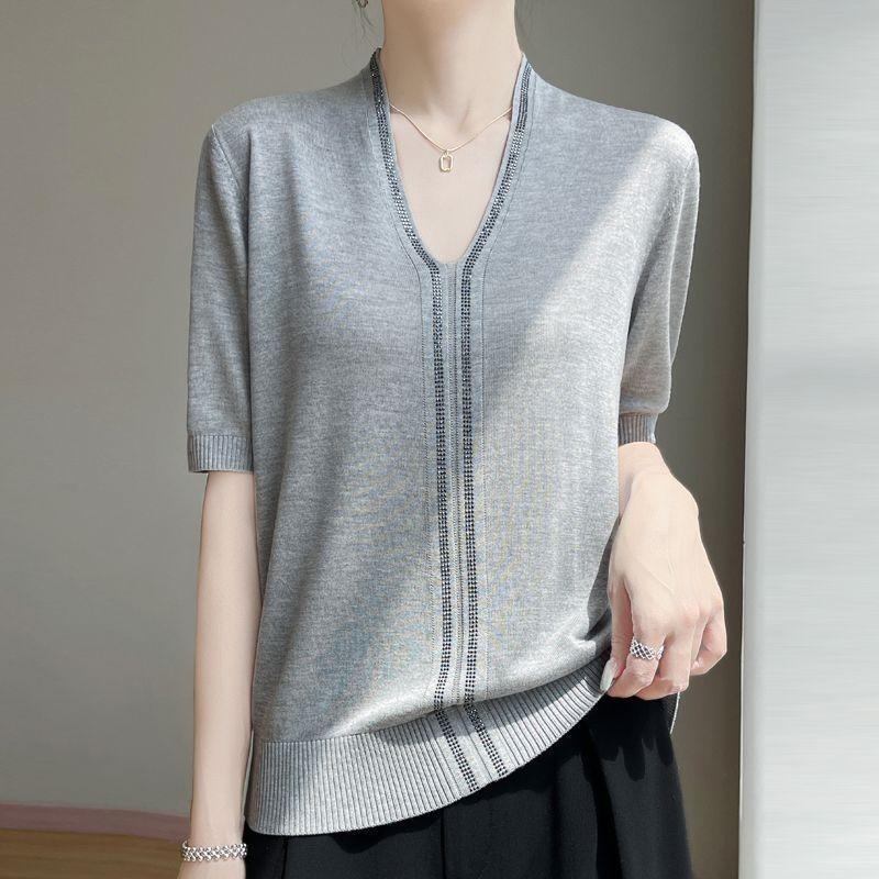 Summer Women s Silk Knit Sweater Short Sleeve V-neck Diamond Knitted Sweater Loose Knit T Shirt Top M чёрный
Summer Women s Silk Knit Sweater Short Sleeve V-neck Diamond Knitted Sweater Loose Knit T Shirt Top M чёрный