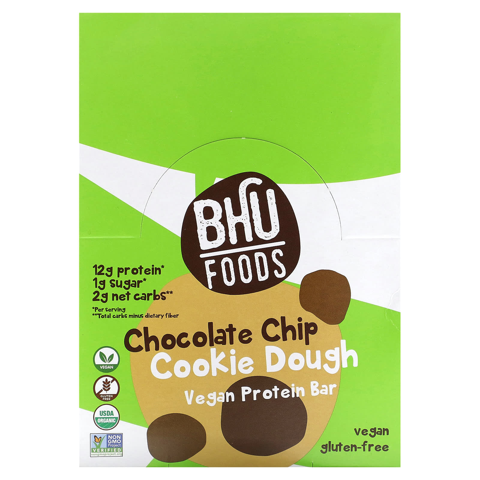 BHU Foods, Vegan Protein Bars, Chocolate Chip Cookie Dough, 12 Bars, 1.6 oz (45 g) Each
BHU Foods, Vegan Protein Bars, Chocolate Chip Cookie Dough, 12 Bars, 1.6 oz (45 g) Each