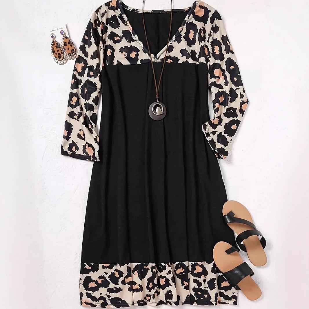 Новое женское платье с леопардовым принтом и цветовым контрастом, топ прямого кроя с длинными рукавами и открытыми плечами, принт из страз S