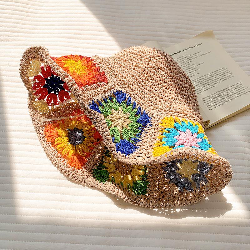 Соломенная шляпа с цветочным узором для женщин, складная шляпа от солнца с разноцветным узором, универсальный аксессуар для пляжного отдыха, стильная шляпа рыбака с защитой от солнца one size розовый