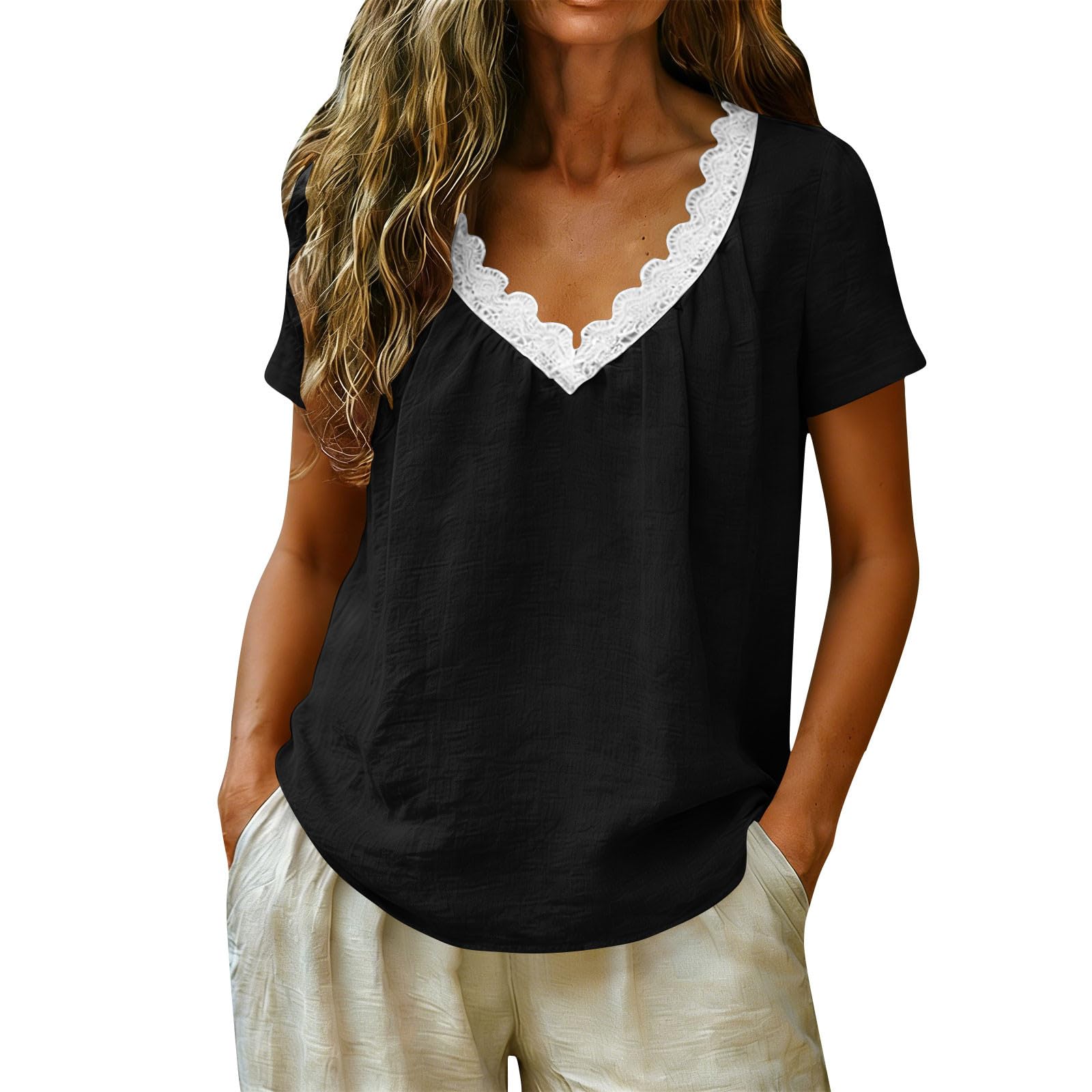 Womens Spring Tops V Neck Lace Trim Summer Shirts for Women Casual Short Sleeve Blouse Womens Summer T Shirts Dressy Tops for Women M чёрный
Womens Spring Tops V Neck Lace Trim Summer Shirts for Women Casual Short Sleeve Blouse Womens Summer T Shirts Dressy Tops for Women M чёрный