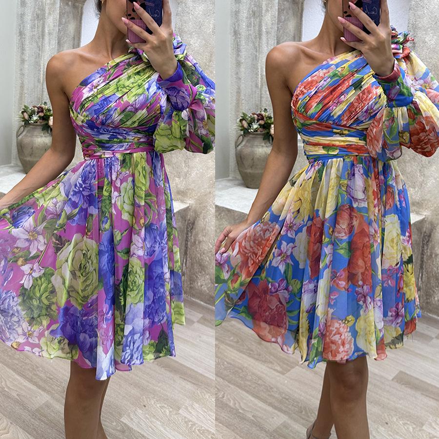 European & American One-Shoulder Casual Print Women s Party Dress with Zipper Large 
European & American One-Shoulder Casual Print Women s Party Dress with Zipper Large