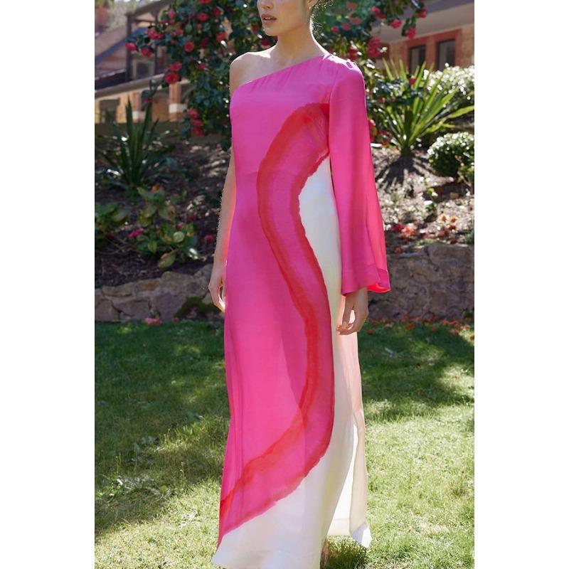 YYFS Женская мода лето весна цвет блок принт длинный рукав косой воротник свободная талия повседневные платья XXL