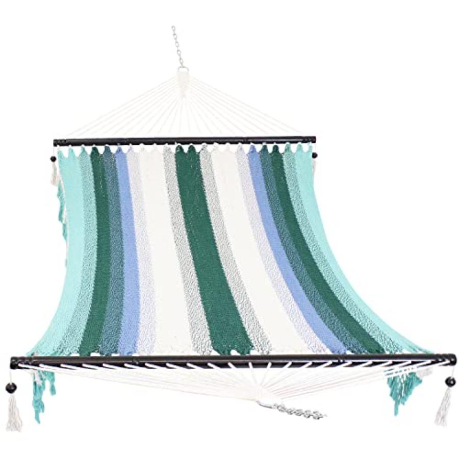 Outdoor Woven Double Hammock with Crocheted Edges and Spreader Bars in Lagoon Stripes for Trees - 600-Pound Weight Capacity
Outdoor Woven Double Hammock with Crocheted Edges and Spreader Bars in Lagoon Stripes for Trees - 600-Pound Weight Capacity